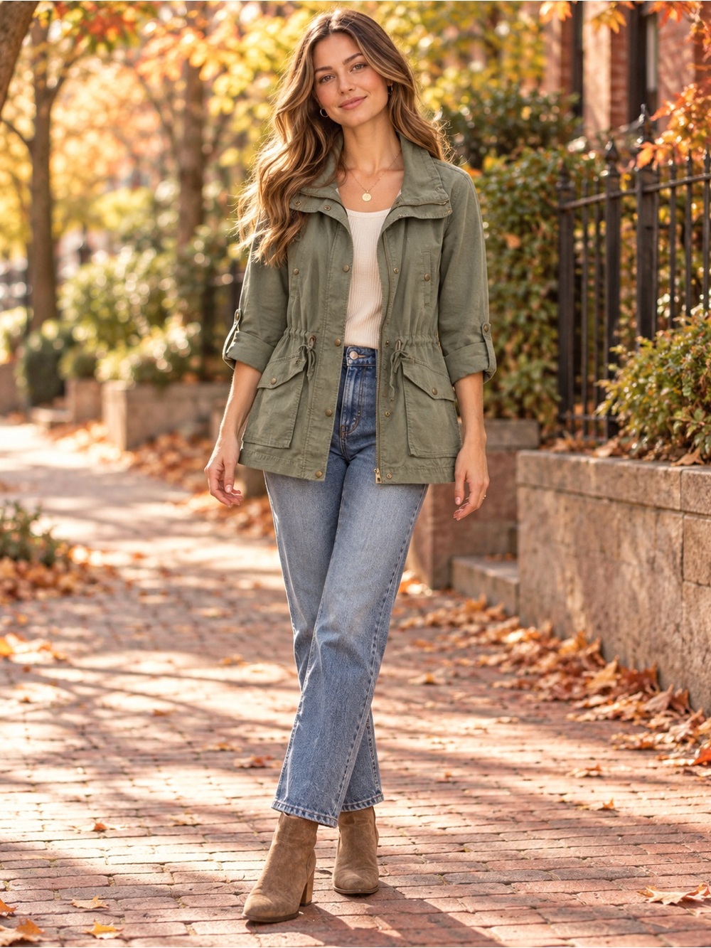 LOFT Olive Green Utility Field Jacket Drawstring Waist Roll Tab Sleeves S